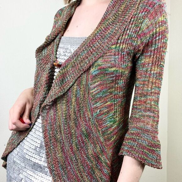 Vintage y2k Kessley Multicolor Rainbow Metallic Bell Sleeve Cardigan Sweater S - Picture 3 of 9